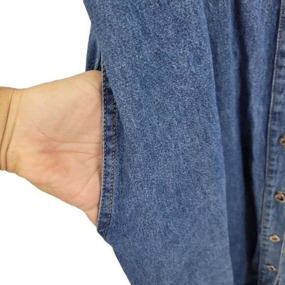 Vtg 80's Dress Embroidered Modest Denim Pinafore Prairie Maxi Pockets Sz S - Picture 5 of 11